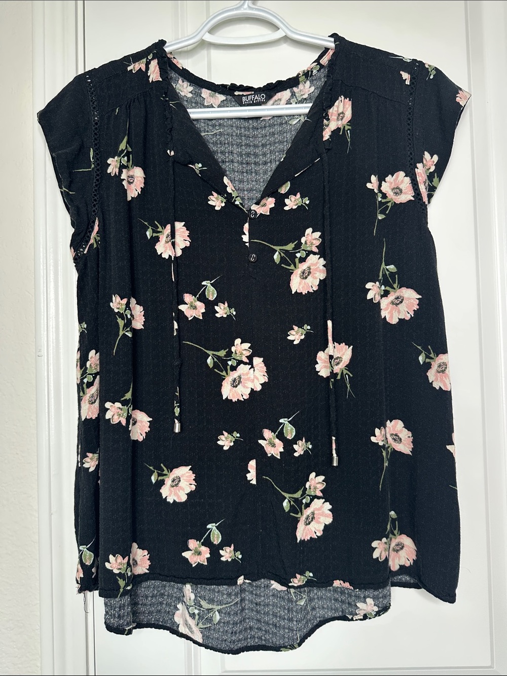 Buffalo David Bitton Black Top with Pink Floral Tie-Front